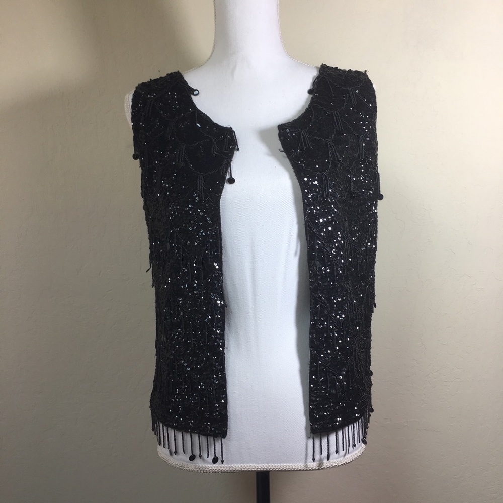 Vintage Black Sequin Beaded Vest Sz M - Picture 6 of 8
